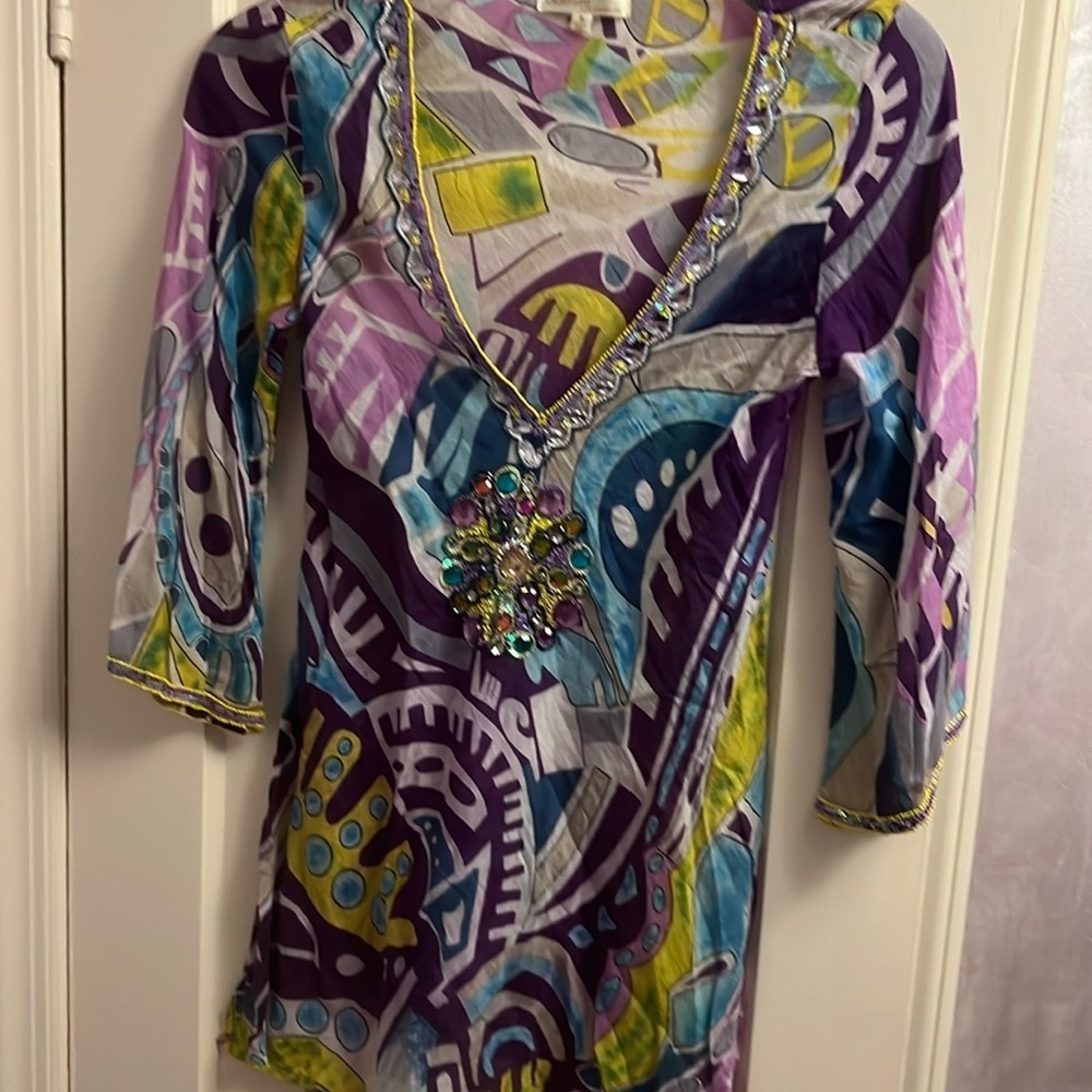 Beach Cover-up tunic purple/rhinestones, Sz M